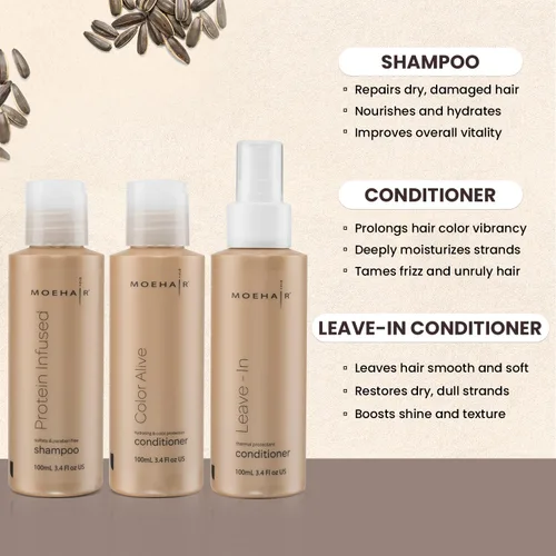 Vista 3 de MOEHAIR Juego de trío de viaje: champú con infusión de proteínas, acondicionador Color Alive y acondicionador sin enjuague, fortalecimiento e