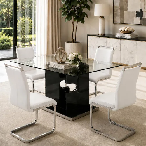 Vista 13 de Ebullient Juego de mesa de comedor de cristal de 63 pulgadas para 6, mesa de comedor de vidrio negro y base de MDF, mesa de cocina rectangular Mesa