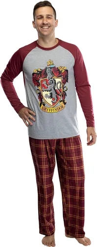 Vista 4 de Harry Potter - Conjunto de pijama de camisa raglán y pantalones a cuadros para hombre adulto, Gryffindor, Ravenclaw, Slytherin, Hufflepuff