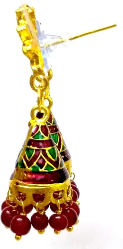 Vista 2 de DESI HAWKER Lotus Meenakari Minakari esmalte pintura oro hecho a mano pendiente Bali Jhumki Jhumka joyería étnica gota cuelga lámpara NI-336