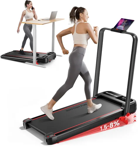 Vista 8 de RHYTHM FUN Cinta de correr con inclinación, almohadilla para caminar con barra de mango, almohadilla para caminar de 300 libras con aplicación