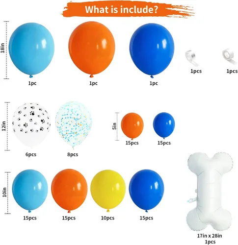 Vista 2 de Arco de globos de pata de perro, 105 piezas de guirnalda de globos con estampado de patas azules y naranjas, globos de papel de aluminio de hueso