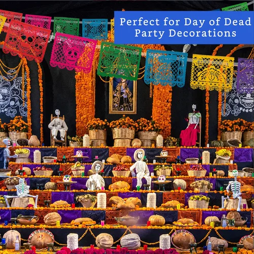 Vista 5 de Pancartas de fiesta mexicana (paquete de 5, 10 diseños de banderas de plástico por bandera) + piñata mexicana (grande de 32 pulgadas), pancarta