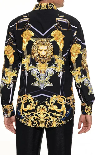Vista 3 de Camisas de vestir con estampado floral y león dorado para hombre de manga larga abotonadas de lujo