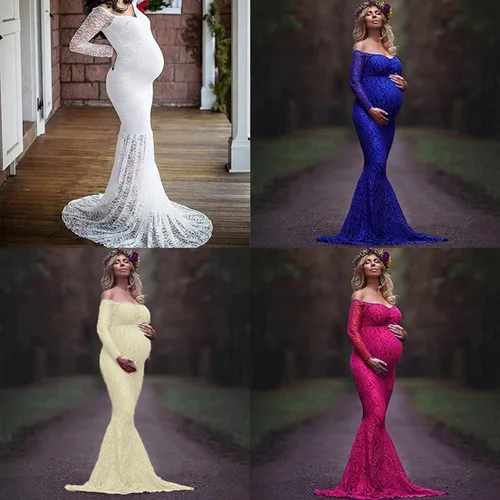 Vista 5 de Vestido de maternidad de encaje de manga larga con cuello en V y hombros descubiertos para mujer, vestido de fotografía para baby shower, sesión