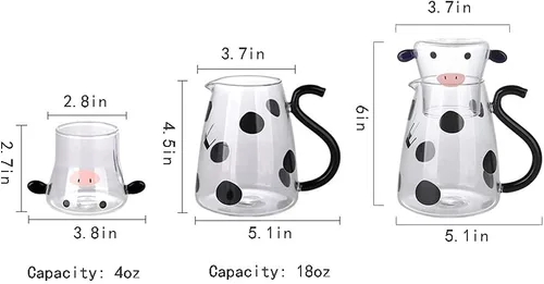 Vista 2 de Juego de jarra de cristal con dibujo de vaca para mesilla de noche con vaso, jarra y taza de noche