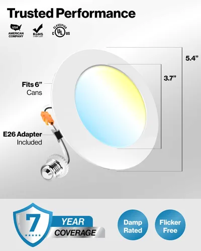 Vista 7 de Sunco Paquete de 24 Luces LED Empotradas Planas de 4 Pulgadas, Iluminación Retrofit para Techo Can, 800 LM, CCT Seleccionable