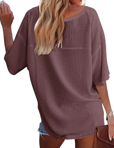 Vista 7 de MEROKEETY - Blusa de media manga con cuello en V, punto gofre y alas de murciélago para mujer, camiseta suelta de color sólido
