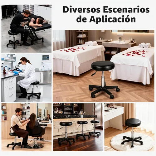 Vista 8 de Nova Microdermabrasion Taburete giratorio con ruedas, taburete giratorio ajustable para dibujar tatuajes, silla de oficina para barra de masaje Negro