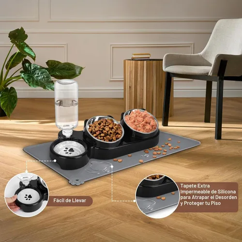 Vista 5 de Juego de cuencos de comida y agua para gatos, cuencos elevados de acero inoxidable para gatos con botella de agua automática y tapete impermeable