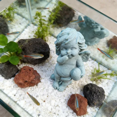Vista 5 de livelyfish Estatua de ángel guardián, pequeña figura de querubín rezando, alas de arenisca, escultura de ángel para acuario, hogar, decoración