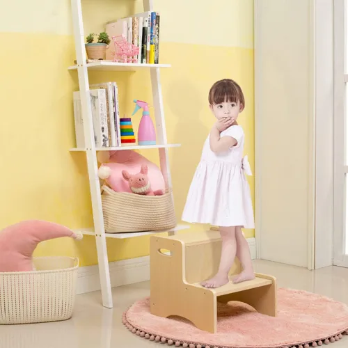 Vista 8 de WOOD CITY Taburete de Paso de Madera para Niños Pequeños, Taburete para Baño y Cocina, Taburete Natural de Dos Niveles para Dormitorio, Taburete
