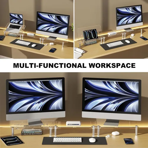 Vista 3 de Soporte doble de acrílico transparente para escritorio, soporte ajustable para laptop, soporte ergonómico para computadora de escritorio adecuado