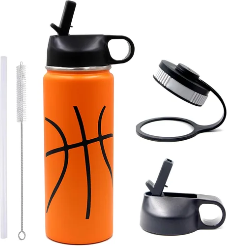 Vista 10 de Botella de agua de baloncesto de 12 onzas, botella de agua deportiva aislada al vacío de acero inoxidable con popote y 2 tapas, botella de agua