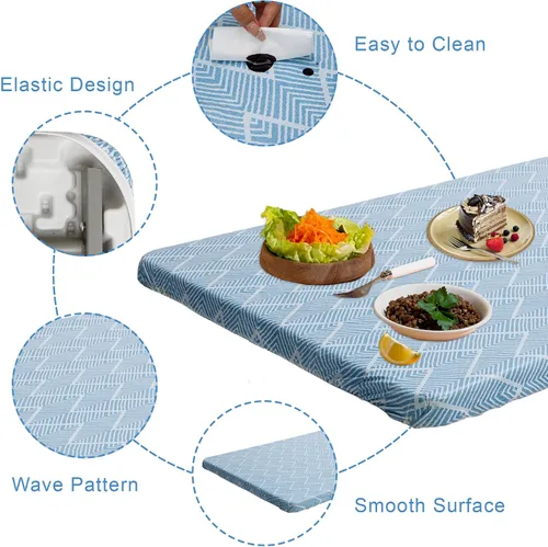 Vista 5 de Zhenrui Mantel rectangular elástico ajustable de 6 pies, cubierta de vinilo impermeable a prueba de derrames, diseño de ondas azules impresas