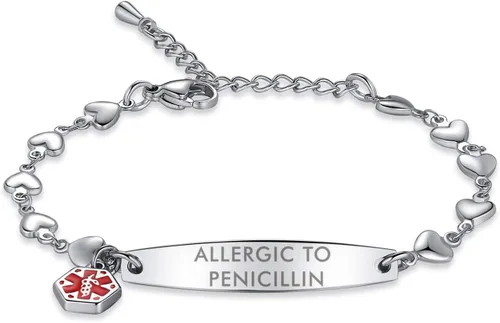Vista 49 de mnmoom Pulseras de alerta médica para mujeres 6.5-8 pulgadas ajustables corazón links pulseras médicas con grabado