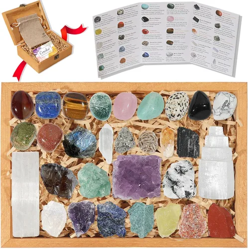 Vista 8 de 21 cristales y piedras para principiantes, 7 cristales curativos crudos y 7 piedras de chacra, cuarzo rosa grande, chips de cristales, etc. con guía