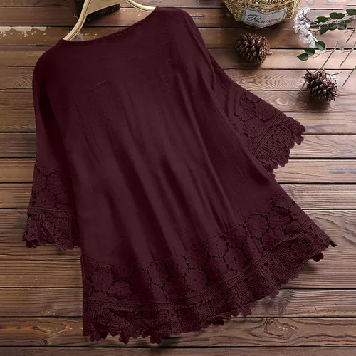 Vista 4 de Blusas de algodón y lino con lazo para mujer, estilo vintage, de encaje, retazos, media manga, elegante, con bordado, top elegante
