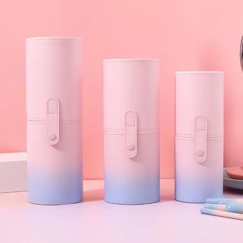 Vista 9 de VASANA Organizador de brochas de maquillaje de piel sintética rosa con tapa, herramientas de maquillaje portátiles, estuche organizador de gran