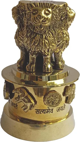 Vista 5 de PARIJAT HANDICRAFT Columna de estambh de latón Ashoka emblema de bandera nacional de cuatro leones satyamev jayete adornado escritorio papel