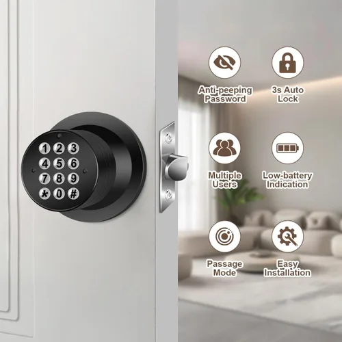 Vista 2 de Pomo de puerta con teclado, cerradura de puerta sin llave, pomo de puerta con código electrónico negro, modo de paso, fácil de instalar para hogar