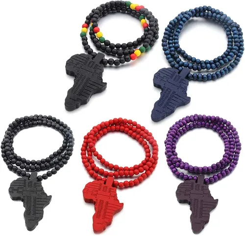 Vista 9 de Collar de cadena de cuentas de madera con dije de mapa de África, collar de hip hop, joyería de rapero para hombres