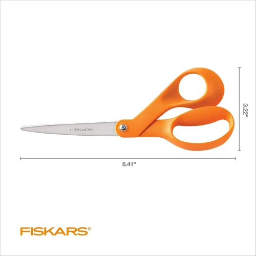 Vista 2 de Fiskars Tijeras originales de acero inoxidable con mango naranja de 8 pulgadas, ergonómicas y mantienen el material plano, tijeras afiladas