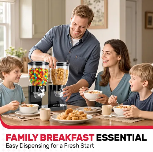 Vista 4 de Dispensador de cereales de doble control para encimera, paquete de 2 recipientes de cereales de 2 litros con tapas herméticas, dispensador giratorio