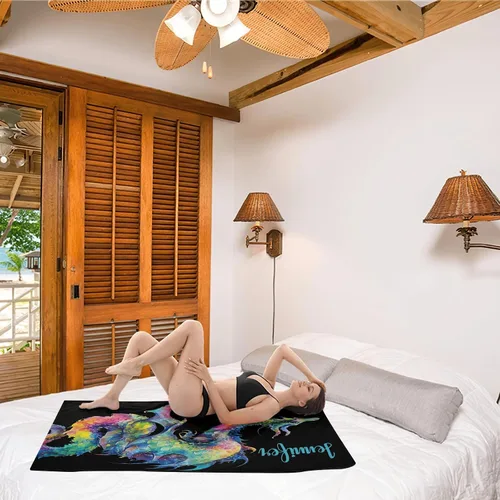 Vista 4 de Toalla de playa personalizada de dragón de acuarela negra con nombre, toallas de baño para deporte, béisbol, baloncesto, regalo, 30 x 60 pulgadas, 2
