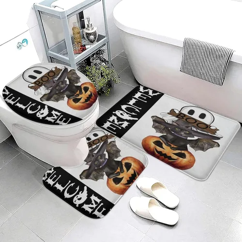 Vista 3 de Juego de 3 tapetes de baño de Halloween de bienvenida, diseño de fantasma, boo, gato, bruja, murciélago, calabaza, juego de alfombrillas de baño