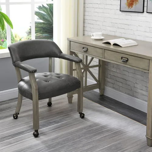 Vista 15 de Silla de comedor con ruedas y brazos, sillas de póker de PU, gris antiguo