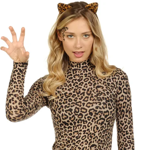 Vista 3 de Funcredible Diadema de orejas de guepardo con tatuajes diadema de leopardo con tatuaje temporal accesorios de disfraz de Halloween para adultos