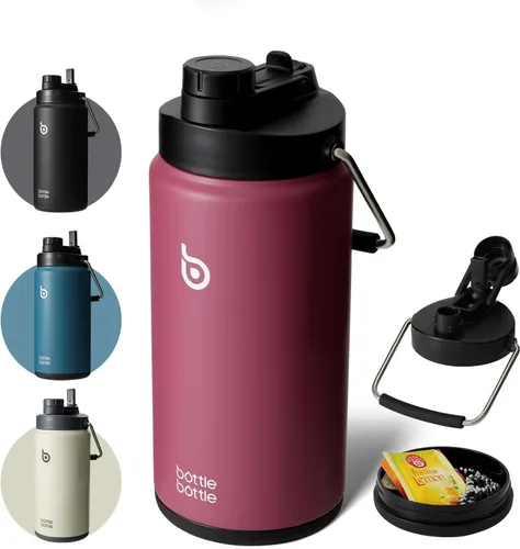 Vista 8 de BOTTLE BOTTLE Botella de agua aislada de 64 onzas con popote y tapa de doble uso, jarra de agua de medio galón, acero inoxidable al vacío para Gris
