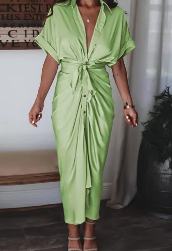 Vista 4 de Vestido largo camisero de manga corta con botones y cinturón para mujer, elegante, de satén