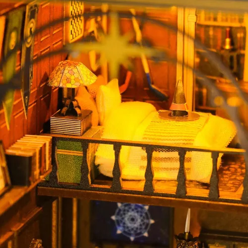 Vista 2 de Kit de rincón de libros de bricolaje – Rompecabezas de madera 3D en miniatura con luz LED – Regalo creativo y decoración de estantería