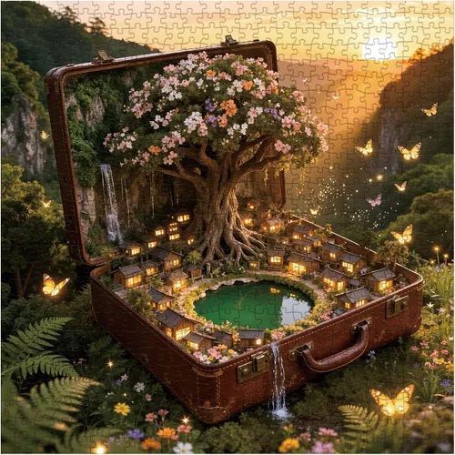 Vista 12 de Rompecabezas de isla flotante de bosque de fantasía de 1000 piezas para adultos, rompecabezas mágico de cascada de arco iris, rompecabezas de arte