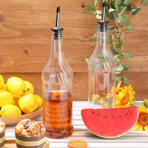 Vista 6 de Dandat 24 botellas de plástico de cuello largo de 32 onzas con vertedor y tapas, botellas de plástico para verter jugo con vertedores de acero