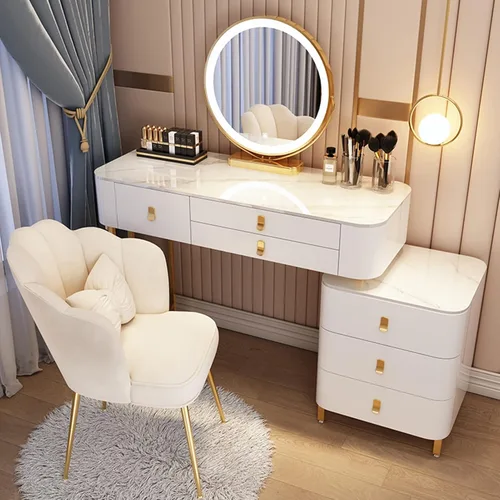 Vista 9 de Tocador, tocador de maquillaje con taburete acolchado, tocador con espejo iluminado LED y mesa auxiliar, mesa de maquillaje con 3 cajones