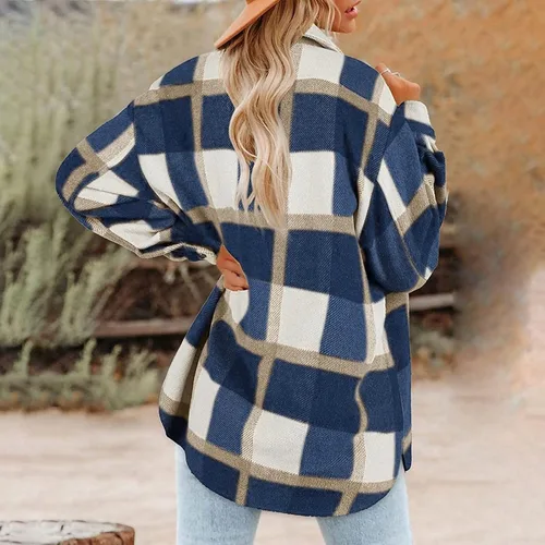 Vista 6 de Chaqueta de franela a cuadros para mujer, manga larga, mezcla de lana, chaquetas de otoño con botones en el pecho, bolsillos en el pecho, trajes
