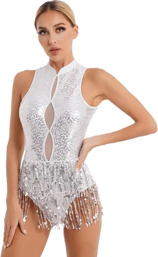 Vista 2 de winying Leotardo de baile de jazz latino con borlas de lentejuelas brillantes para mujer