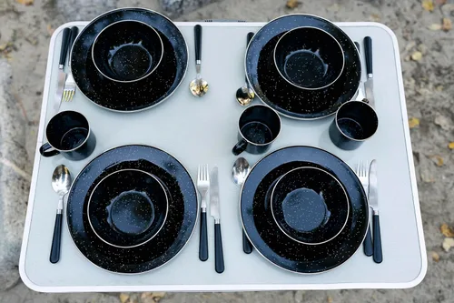 Vista 8 de Stansport Deluxe 24-Piece Enamel Tableware Set - Enamel Plates and Bowls Lightweight and Durable Camp Dish Set for Camping and Backpacking Plates