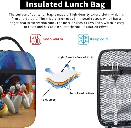 Vista 5 de Bolsa de almuerzo reutilizable con bola de boliche de hielo y fuego, lonchera para niños y niñas, lonchera aislada para niños, lonchera Bento fácil