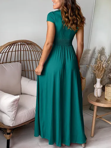 Vista 4 de ANRABESS - Vestido largo de manga corta con cuello en V profundo para mujer plisado cintura alta abertura lateral para club fiesta y noche