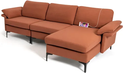 Vista 4 de OUDINI Sofá modular moderno en forma de L, sofá seccional de tela de lino, con diván reversible y 2 puertos USB para sala de estar, apartamento