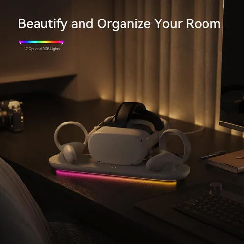 Vista 4 de KIWI design Base de carga RGB para Meta Oculus Quest 2, estación de carga de marca compartida Meta oficialmente toca simultáneamente
