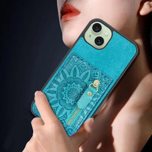 Vista 5 de Funda compatible con iPhone 15 Plus con ranuras elásticas para tarjetas, bolsillo con cremallera, soporte magnético a presión para iPhone 15 Plus 14