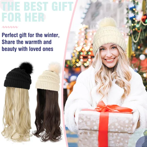 Vista 7 de Gorro Peluca Gorro de Lana con Cabello Extensiones Largas Onduladas Gorro de Punto con Pompón Adjunto de 20" Pieza de Cabello Sintética Removible