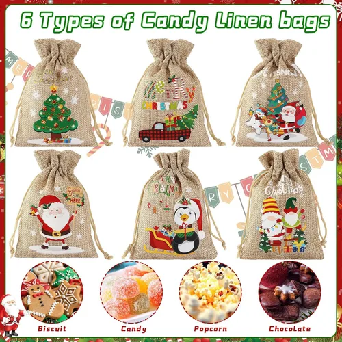 Vista 5 de JUNEBRUSHS Bolsas de arpillera de Navidad con cordón, paquete de 20 bolsas de regalo de Navidad, bolsas de golosinas, lindas bolsas de regalo