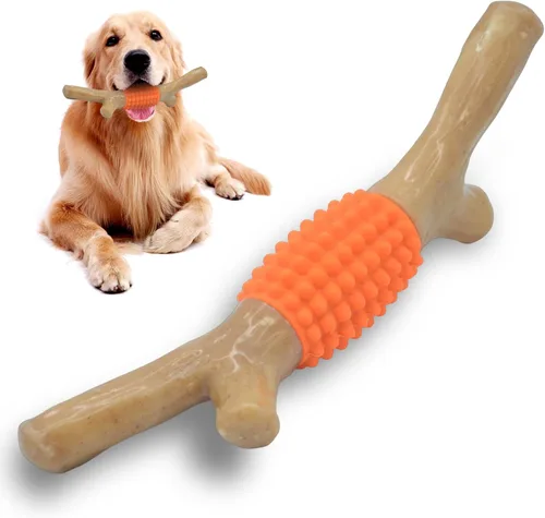 Vista 5 de SCHITEC Juguete masticable para perros para masticadores agresivos, palo de dentición de nailon grande y goma resistente con sabor a madera