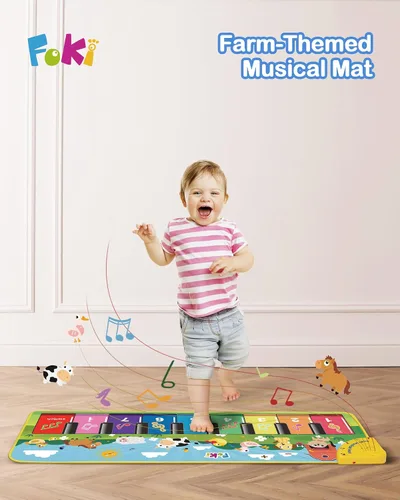 Vista 2 de FOKI Tapete de piano de suelo para niños pequeños, juguete educativo sensorial con teclado musical, tapete de juguete con sonidos de animales, manta
